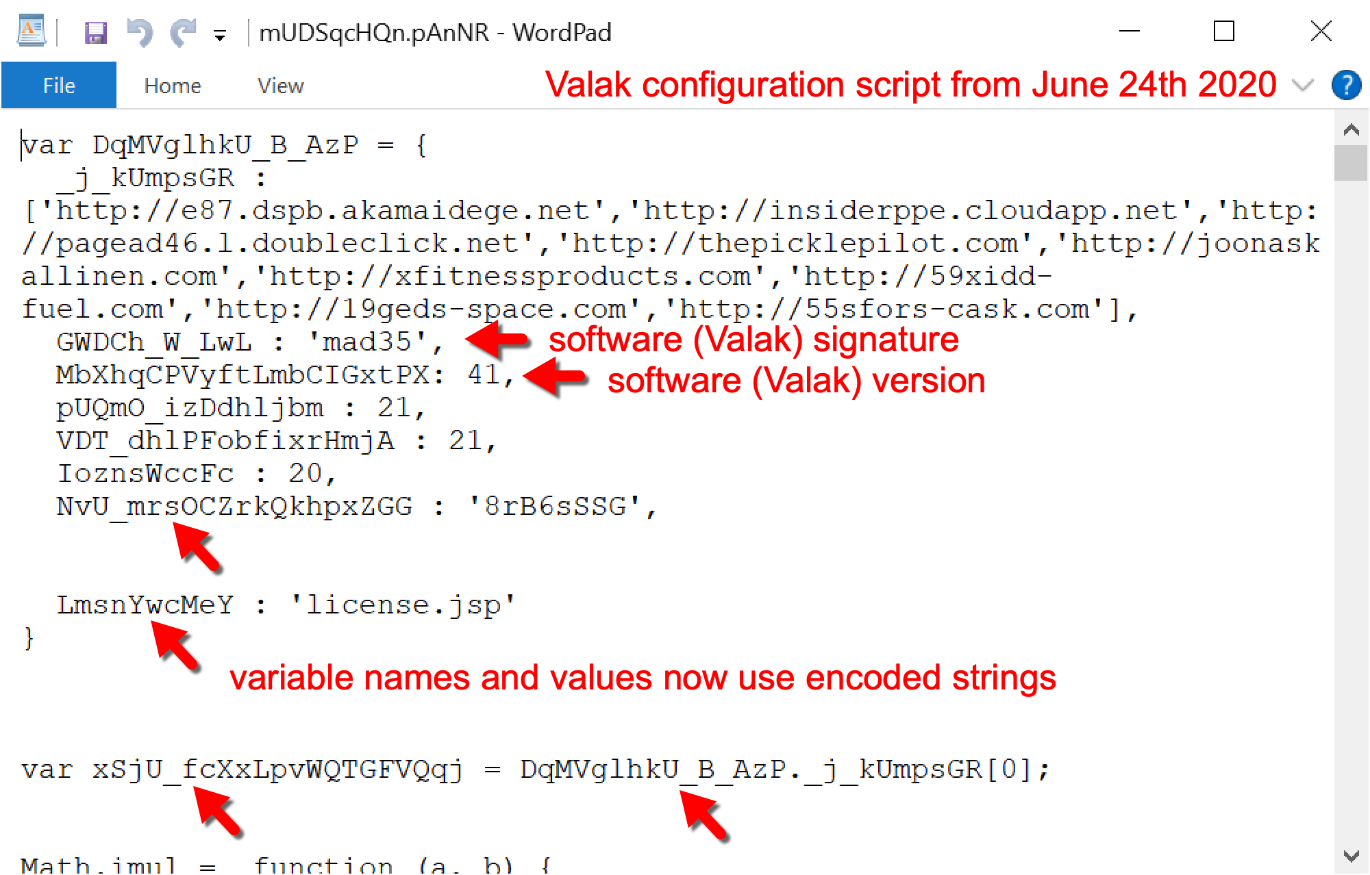 A Valak configuration script from June 24, 2020, shows software (Valak) signature, software (Valak) version, and variable names and values now using encoded strings.