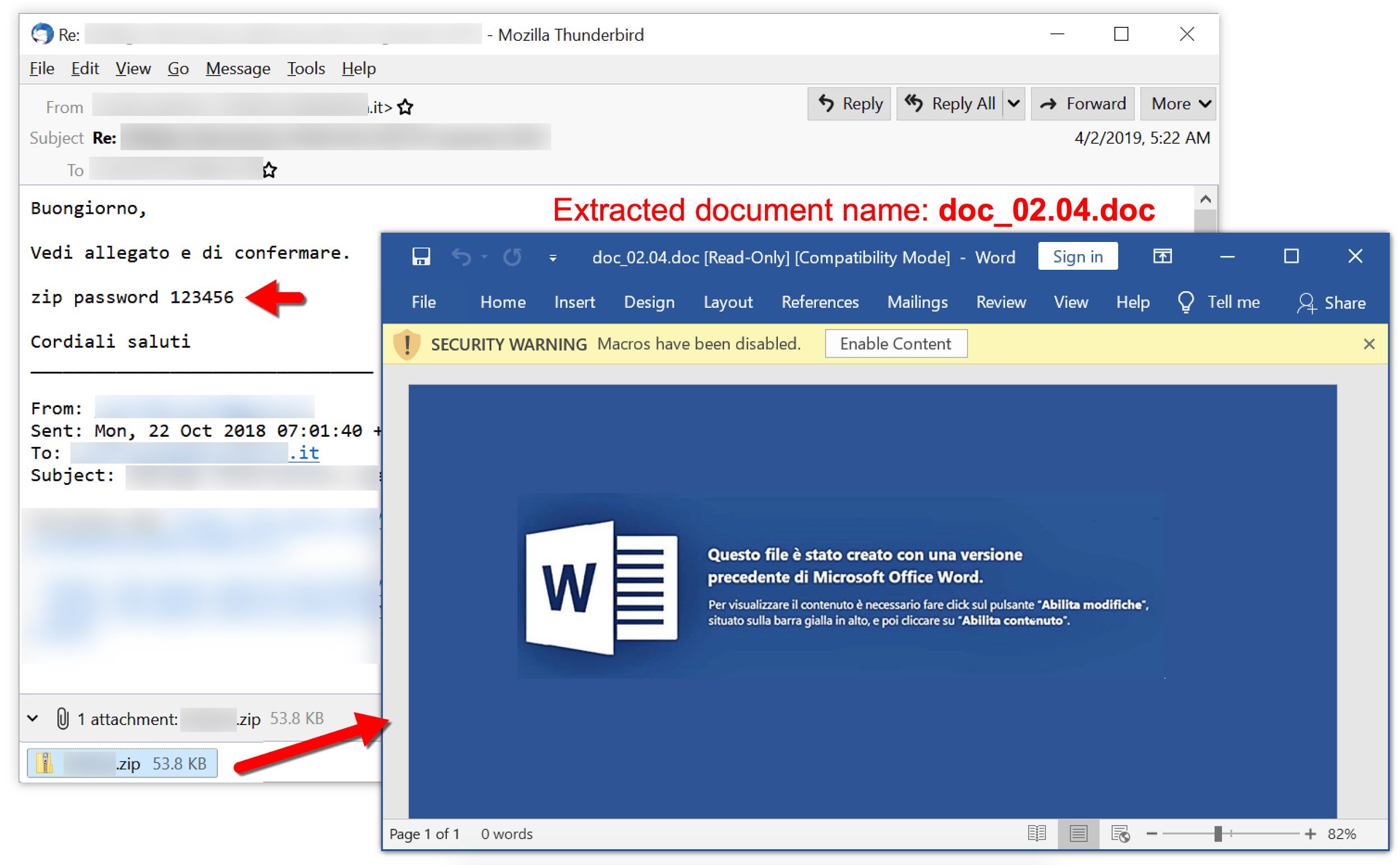 Screenshot reads: "Buongiorno, Vedi allegato e di confermare." It continues by offering a zip password and closeout. The extracted document, doc_02.04, opens with a message attempting to trick the user into enabling macros.