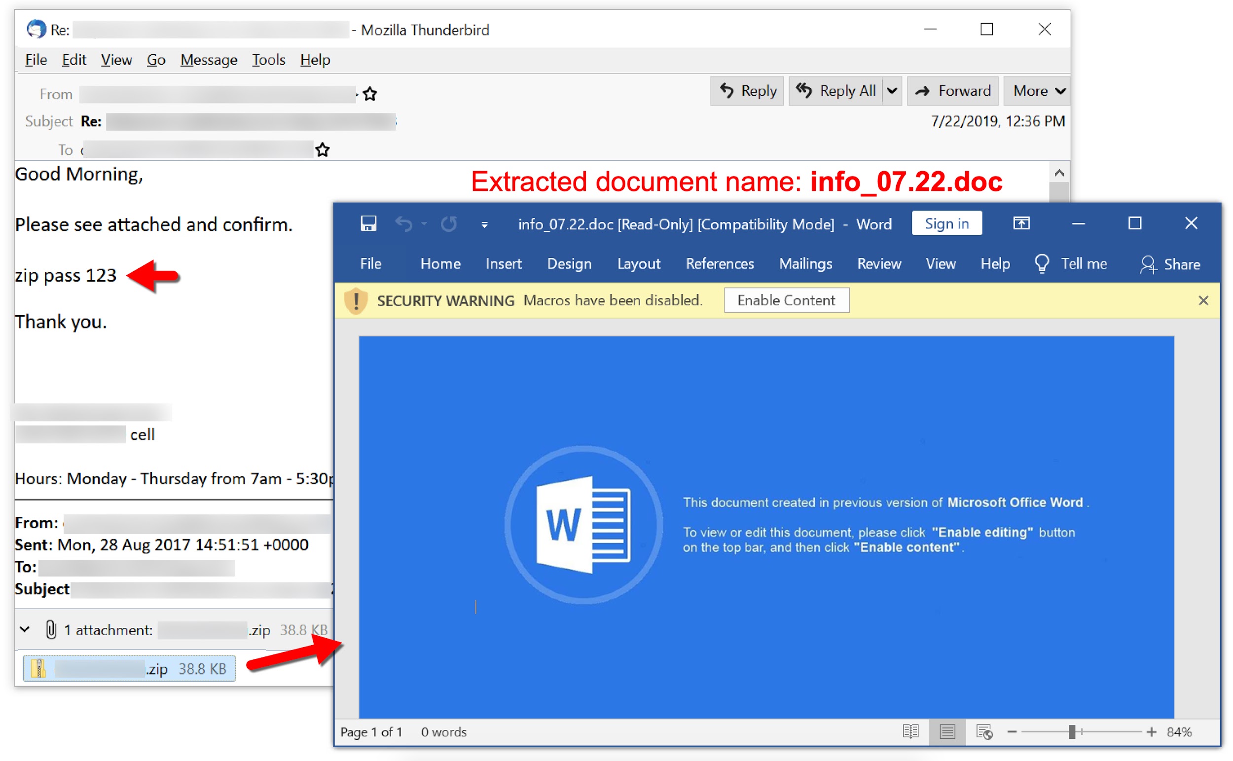 Screenshot reads: "Good morning, Please see attached and confirm." It continues by offering a zip password and closeout. The extracted document, info_07.22, opens with a message attempting to trick the user into enabling macros.