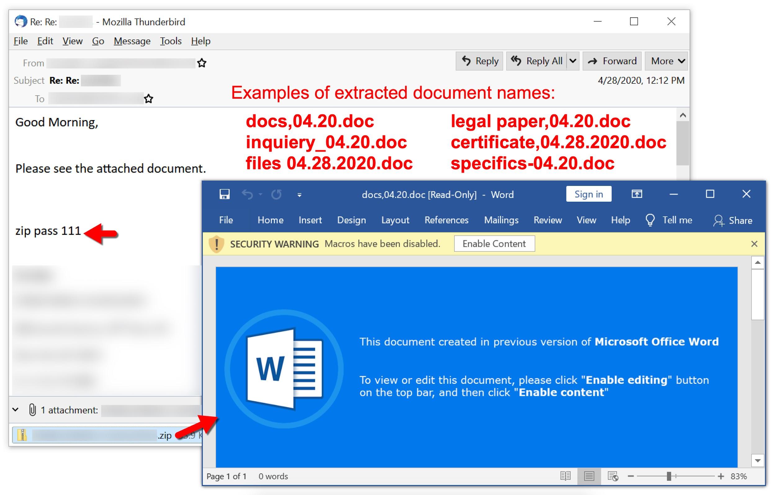 Screenshot reads: "Please see the attached document." It continues by offering a zip password and closeout. The Zip archive includes many documents, which when extracted, open with a message attempting to trick the user into enabling macros.