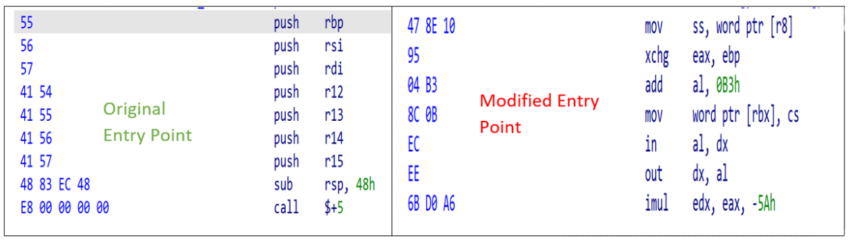 The screenshot shows the orignal entry point on the left (before runtime execution) and the modified entry point on the right (during runtime execution), displaying the effects of byte manipulation.