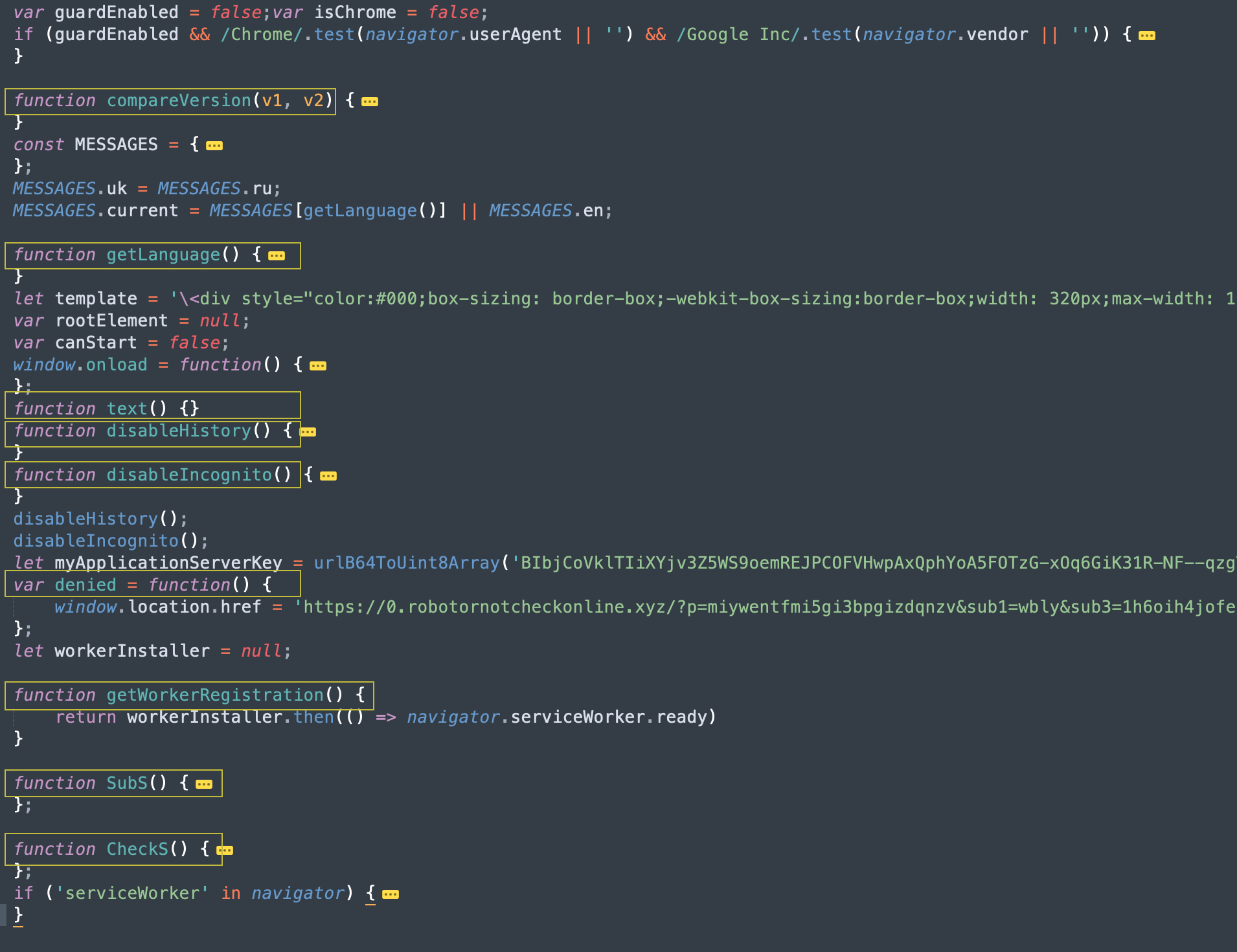 The multi-function JavaScript code shown here was a part of the attack chain we observed in a malicious PDF implementing a fake CAPTCHA scheme.