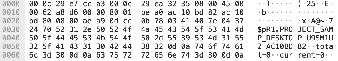 The data section in the ICMP packet in Figure 1 begins with an 8-byte value of 0x702437047E404103 (\x03\x41\x40\x7E\x04\x37\x24\x70) that PingPull has hardcoded in its code, which is immediately followed by a hardcoded R.