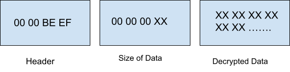 The Beacon metadata structure includes a header as shown, a set of bytes that reveal the size of the data field and finally the decrypted data itself.