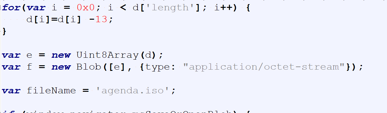 Deobfuscation routine in EnvyScout campaign 1. The malicious ISO file is generated by subtracting 13 from each value