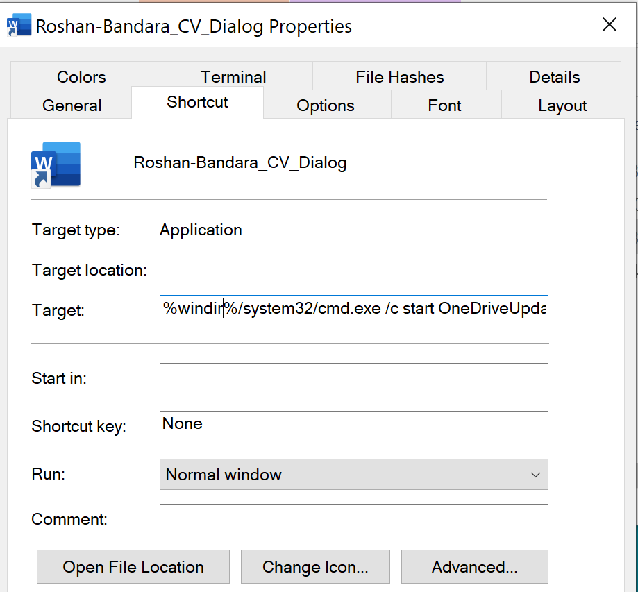 Screenshot of what appears when Roshan-Bandara-CV-Dialog Properties is opened.