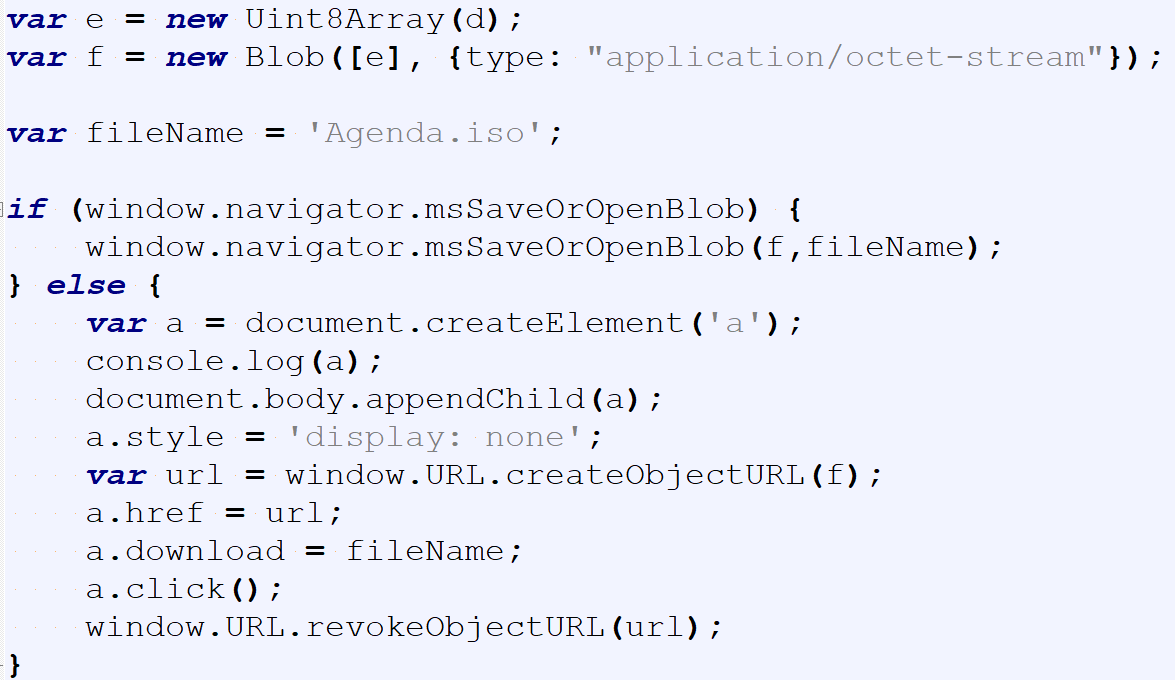 Agenda.html ISO download. The code shown illustrates how the saving of the ISO is performed, showing both the use of the msSaveOrOpenBlog and the use of the second save method, console.save
