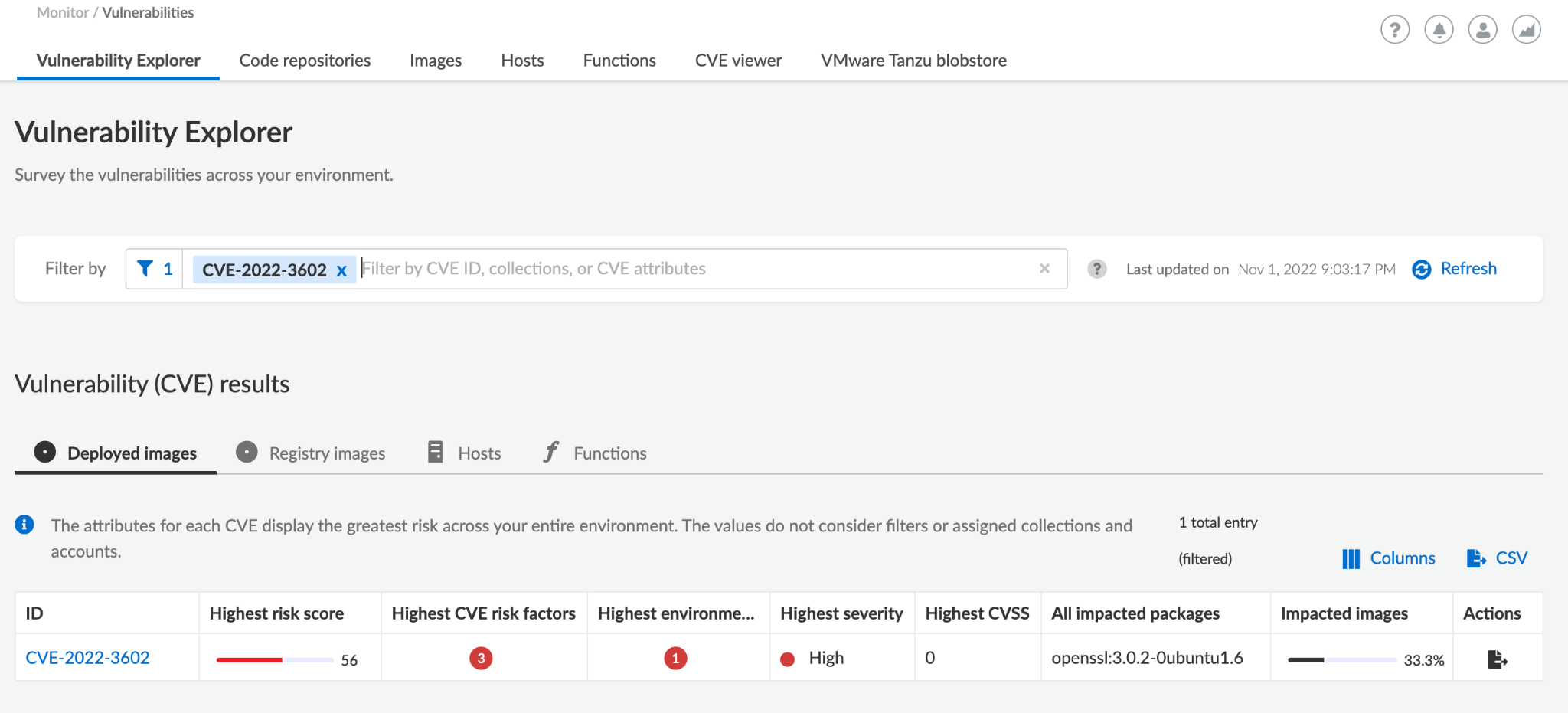 Image showing detection of CVE-2022-3602 in the Vulnerability Explorer within Prisma Cloud