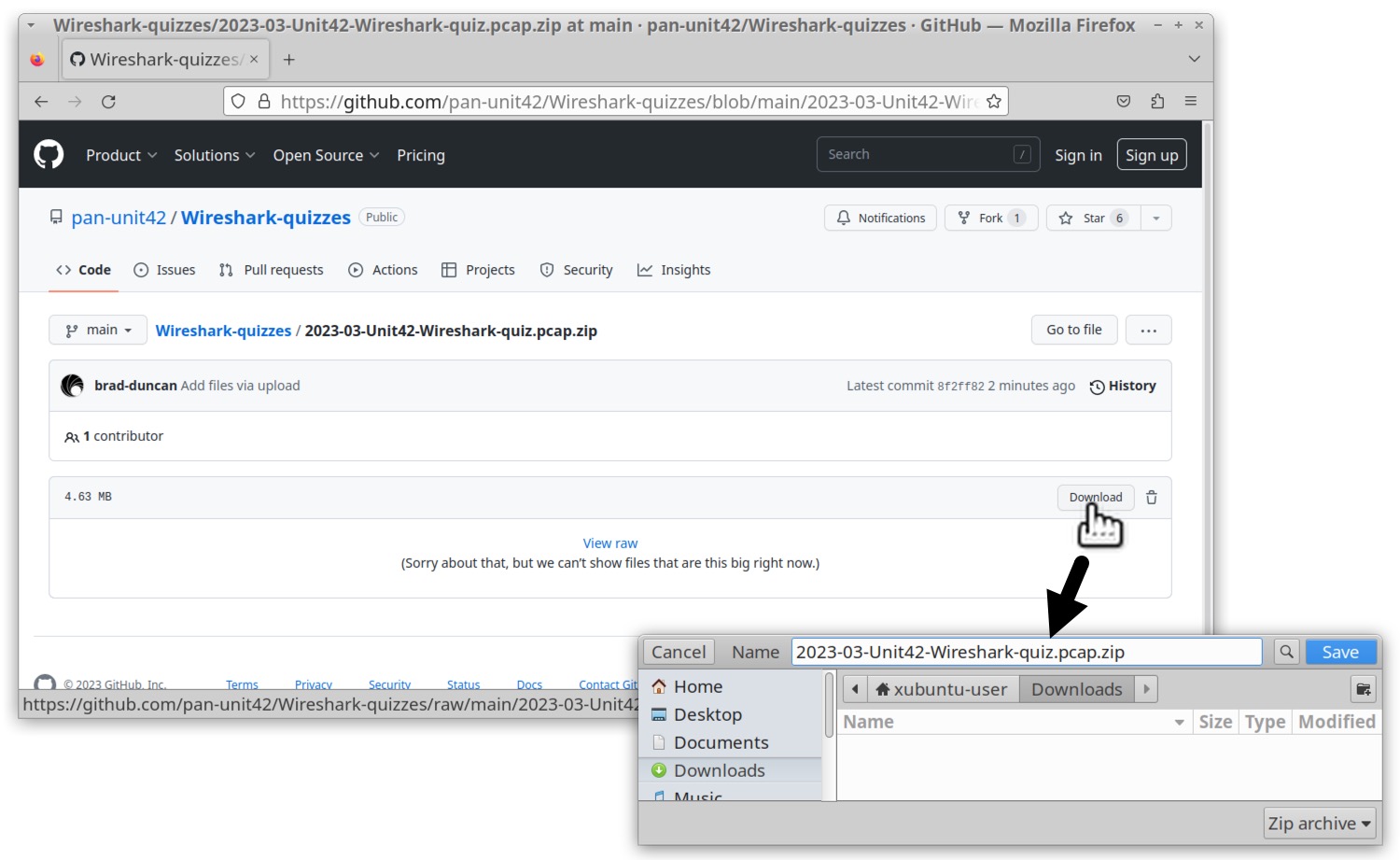Image 1 is a screenshot of Wireshark software showing where to click to download the ZIP archive from GitHub. The inset window shows where to put the zip file name.