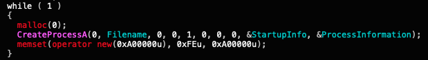 Image 3 is a screenshot of the code snippet creating an endless loop from the form bomb binary. It starts with while(1).