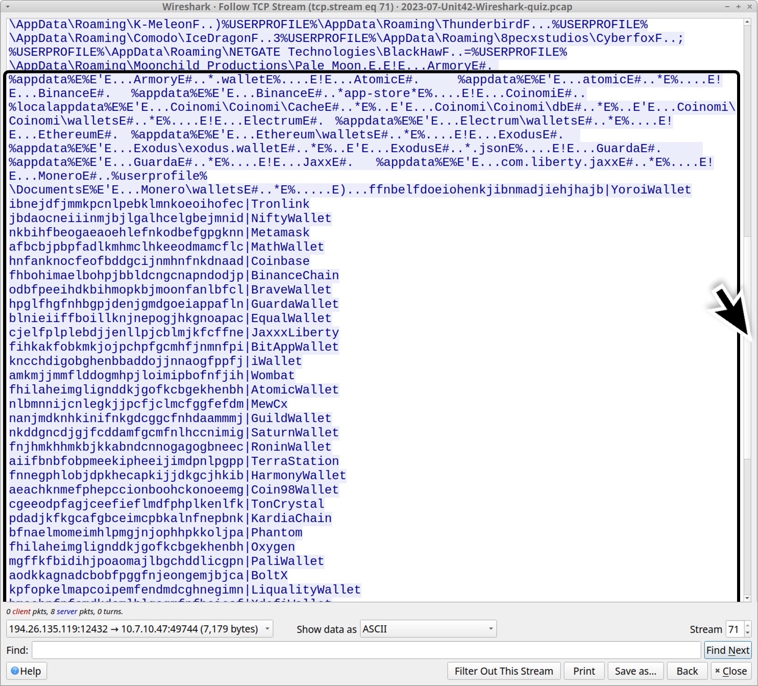 Image 11 is a screenshot of the TCP stream window in Wireshark. The data displayed are cryptocurrency wallet programs and their associated browser extensions.