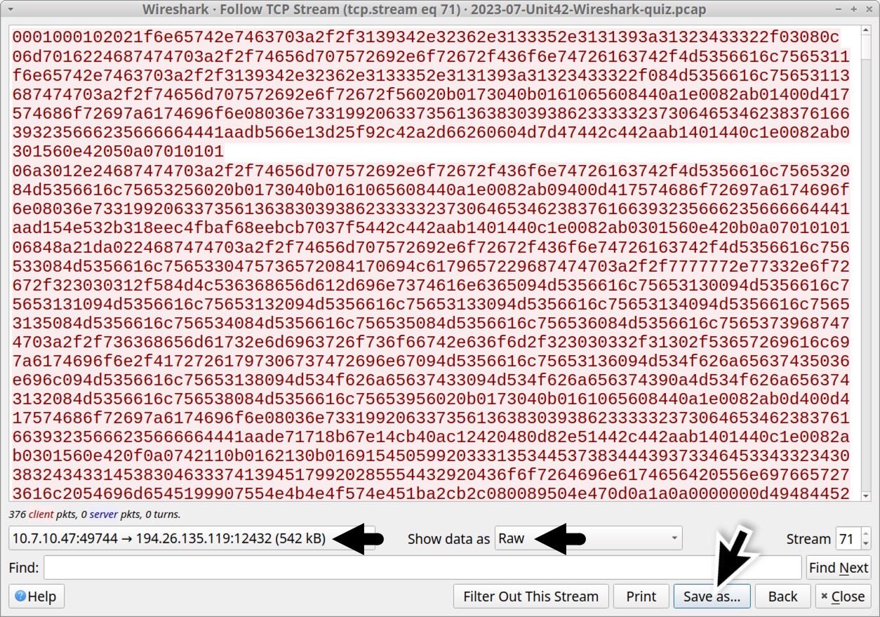 Image 14 is a screenshot of the TCP stream window in Wireshark. The black arrow on the left indicates the part of the data to be saved, the black arrow in the middle indicates that the data should be raw, and the arrow on the right indicates to choose “Save As.”