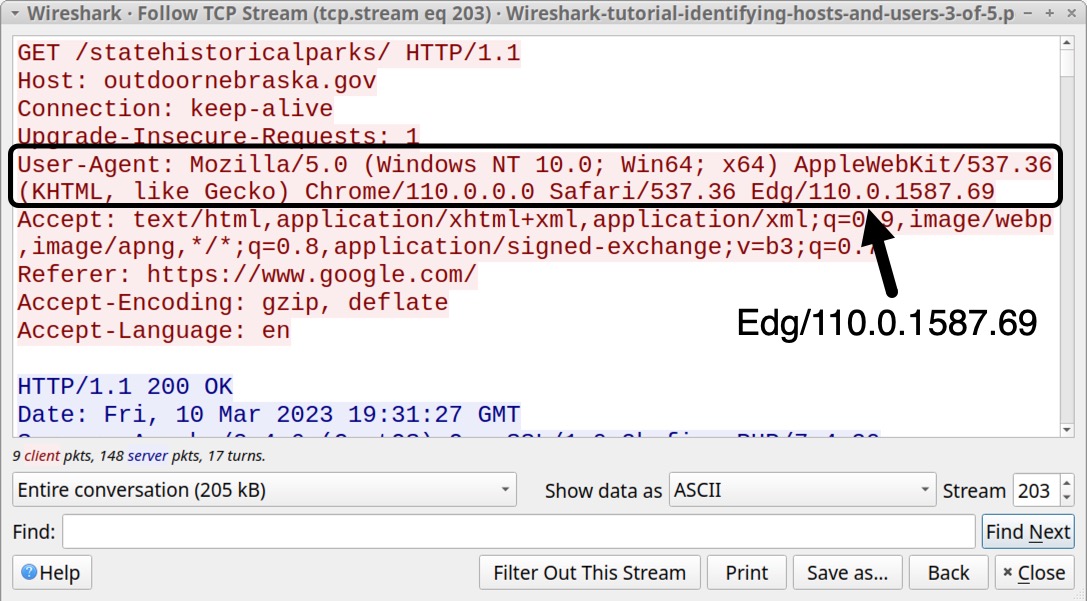 Image 11 is a screenshot of the Wireshark TCP stream window. Highlighted by a black rectangle and an arrow is the User-Agent string. The final characters identify the web browser (Edg/110.0.1587.69) which in this case is Microsoft Edge.