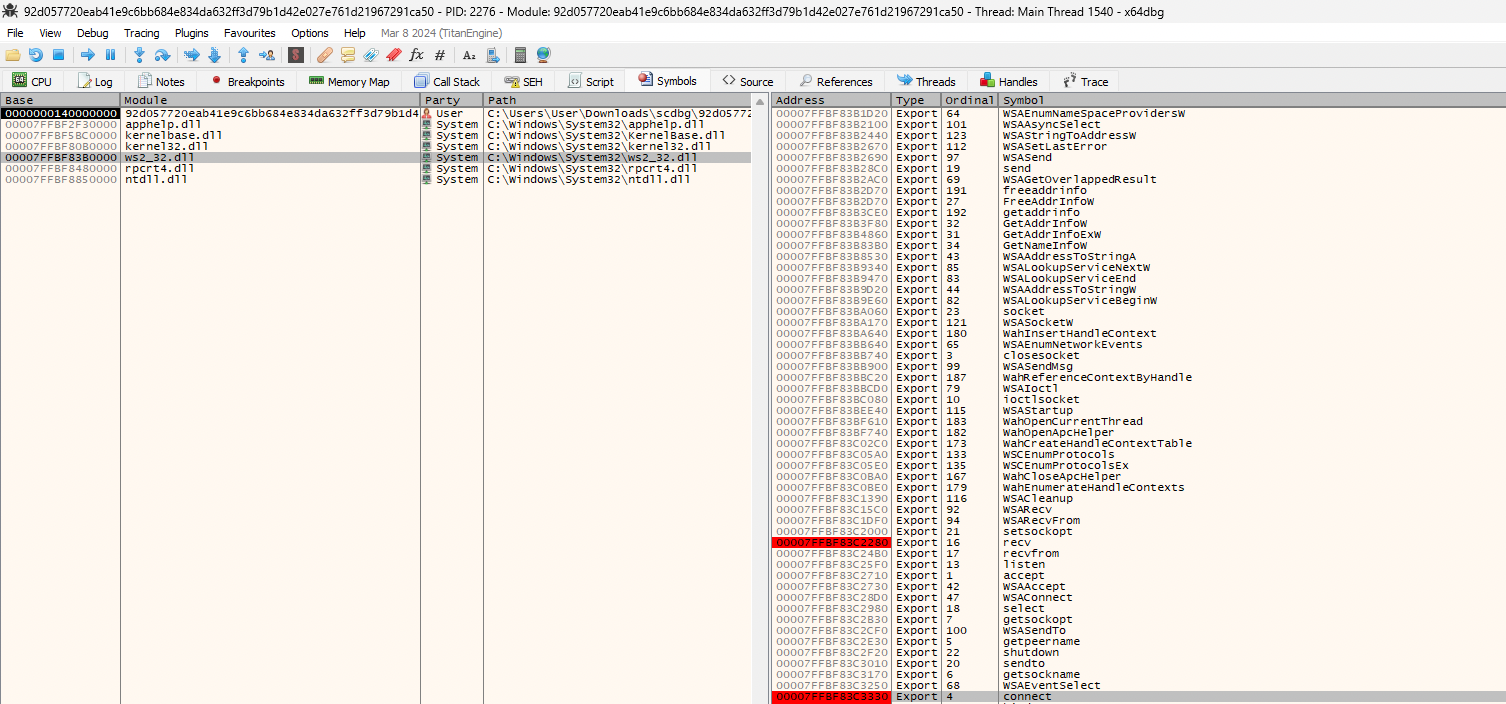 画像 12 は、ws2_32.dll のブレークポイントのスクリーンショットです。左ペインの行が灰色でハイライト表示されています。右側のペインの 2 つのアドレスが赤でハイライト表示されています。