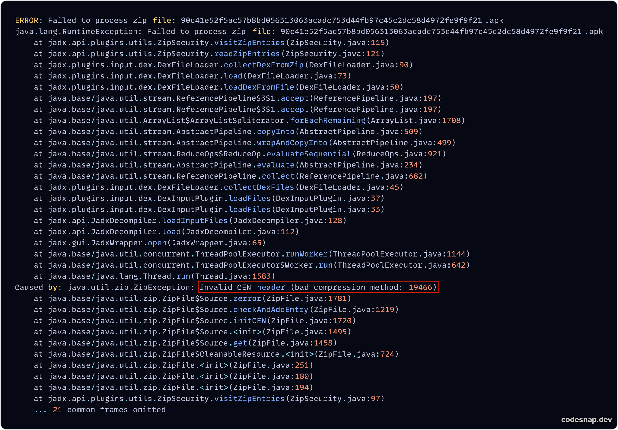 画像 11 は多数のコード行からなるスクリーンショットです。赤い矩形で強調表示されている行は、jadex がサンプルを処理できなかったエラーを示しています。