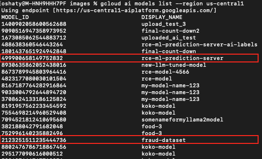 A computer screen displaying a list of model names and IDs in a command line interface, featuring names such as "cmb-final-down", "rcme-ll-model-server-ai", and "final-turnado-stage". Two lines are highlighted in red boxes.