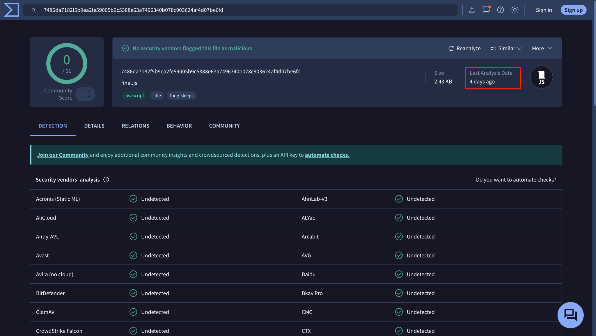 Screenshot of VirusTotal displaying an analysis of a file, with tabs like Overview, Details, Relations, and Behavior visible. Various security checks and assessments are shown in the interface, with statuses such as 'Undetected' and names like Avast and BitDefender listed under community results. The last analysis date is highlighted in a red box.