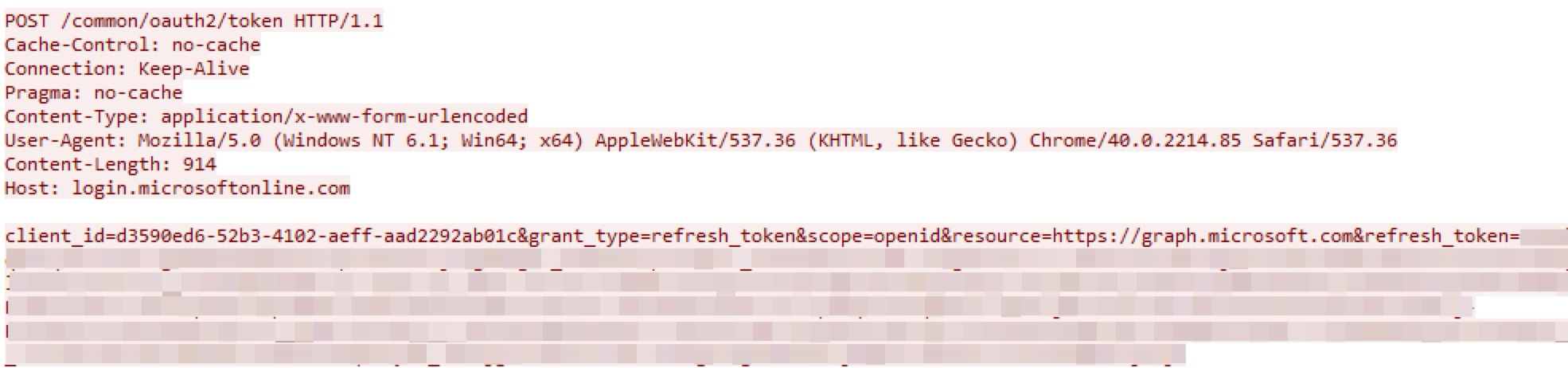 Screenshot of a network request showing HTTP headers with URLs related to Microsoft Graph API. The text includes technical details like content type, user agent, and length of the content. Some of the information is redacted.