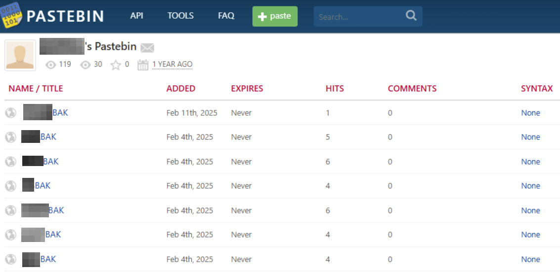 Screenshot of the Pastebin website showing a list of text uploads, with varying uploaded dates, expiration statuses, number of hits, comments, and syntax used. Some information is redacted.