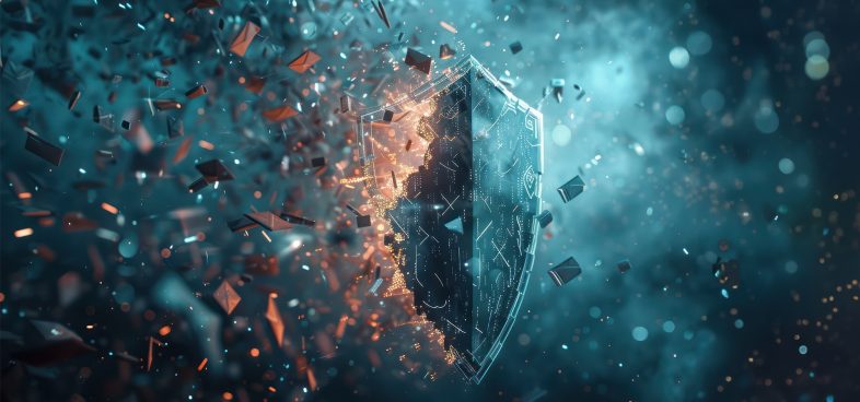 Pictorial representation of a QR code phishing campaign. Digital artwork of a futuristic, glowing shield disintegrating into small particles, set against a dark blue, speckled background.