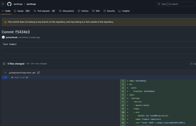 Screenshot of a GitHub repository showing a commit update to the "spotbugs" project. The commit includes changes to various files as indicated in a split-view format with one side showing code differences and the other displaying a YAML file with configuration settings.