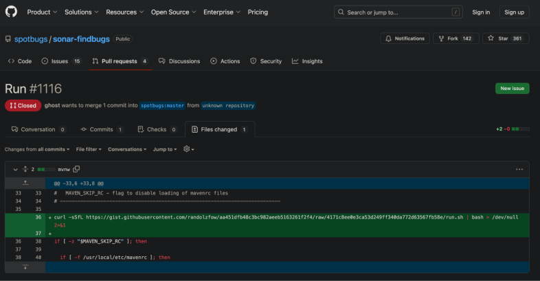 Screenshot of a GitHub repository named 'spotify/sonar-findbugs' displaying a closed issue in the Code tab, with code highlighted in green.