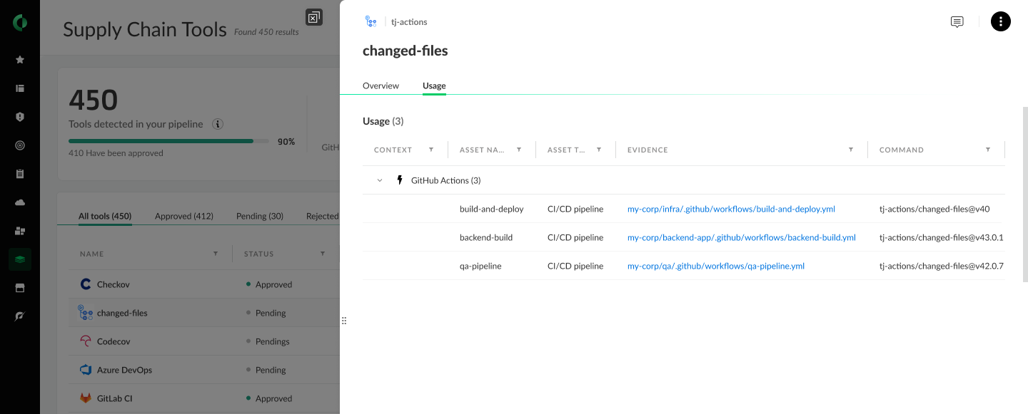 Cortex Cloud screenshot showing a Supply Chain Tools panel and associated actions.