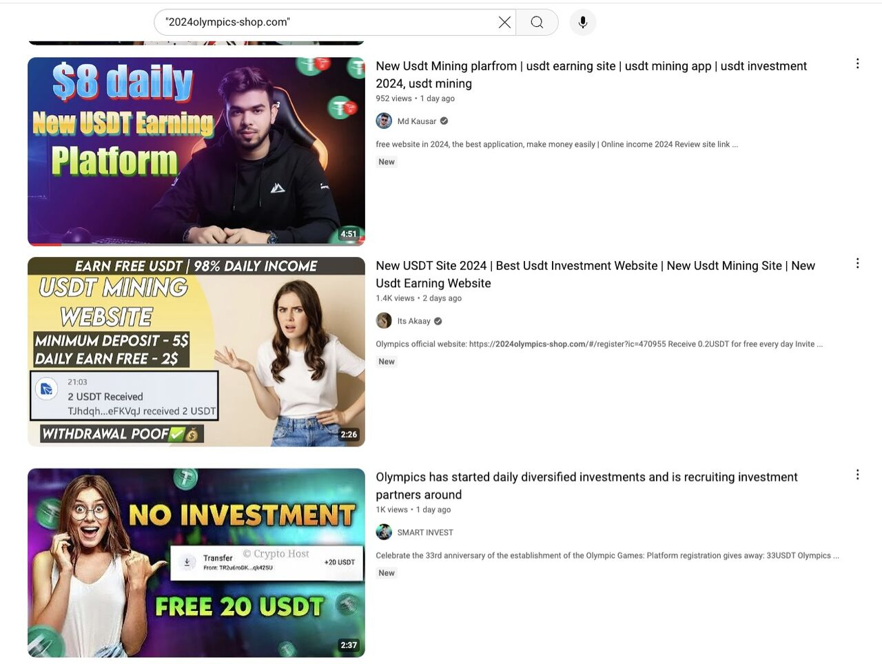 Screenshot of three videos that came up using an Olympics shop search term. The screenshots use AI-generated images and colorful text to advertise crypto mining and daily earning platforms with no investment needed.