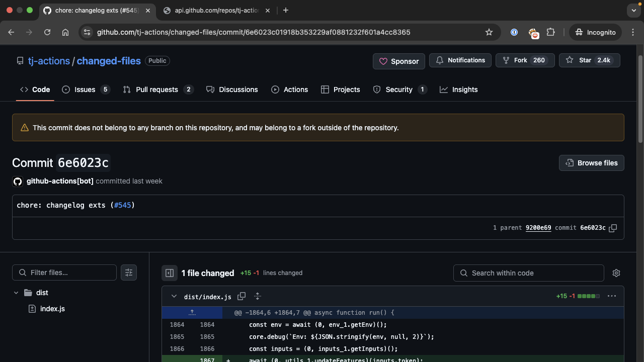 Screenshot of a GitHub repository page showing a commit detail, including lines of code added and removed, with a message stating the commit does not belong to any branch and may belong to a fork outside of the repository.