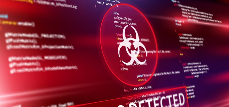 Pictorial representation of multilayered attack chain. Biohazard symbol displayed over computer code, indicating a detected cybersecurity threat.