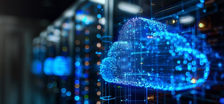 Digital representation of vulnerabilities in OpenID Connect (OIDC) implementations for cloud access. A cloud computing network over a blurred background of server racks in a data center.
