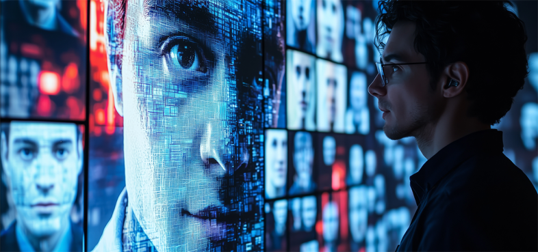 Pictorial representation of synthetic identity creation. A white man stands before a large digital display featuring various security camera feeds and a prominent close-up of an individual's face, illustrating a high-tech surveillance environment.