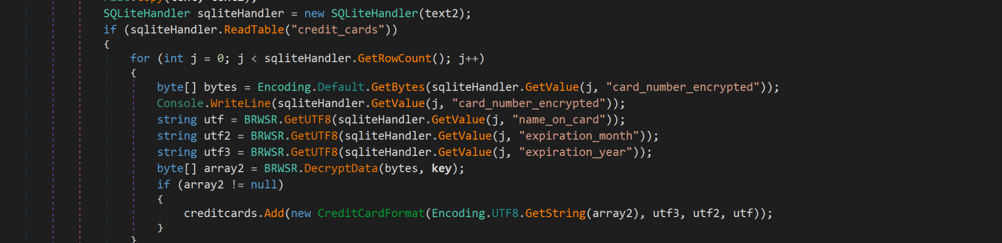Screenshot of a computer code snippet written in C# programming language used for encrypting and decrypting credit card information.